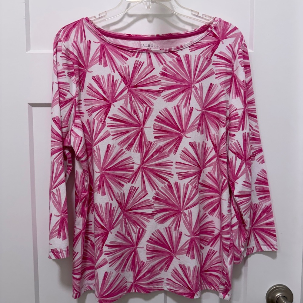 Talbots Womens XL Pink White Palm Leaf Print Cotton Stretch Boat Neck Tee Top